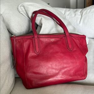 Fossil Red Pebbled Leather Tote with Slouchy Design